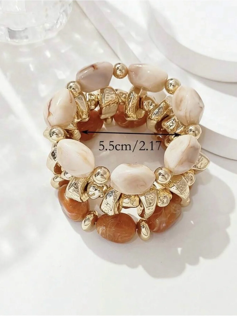3pcs Gold and Cream Beaded Stretch Bracelet Set -good for mother day present